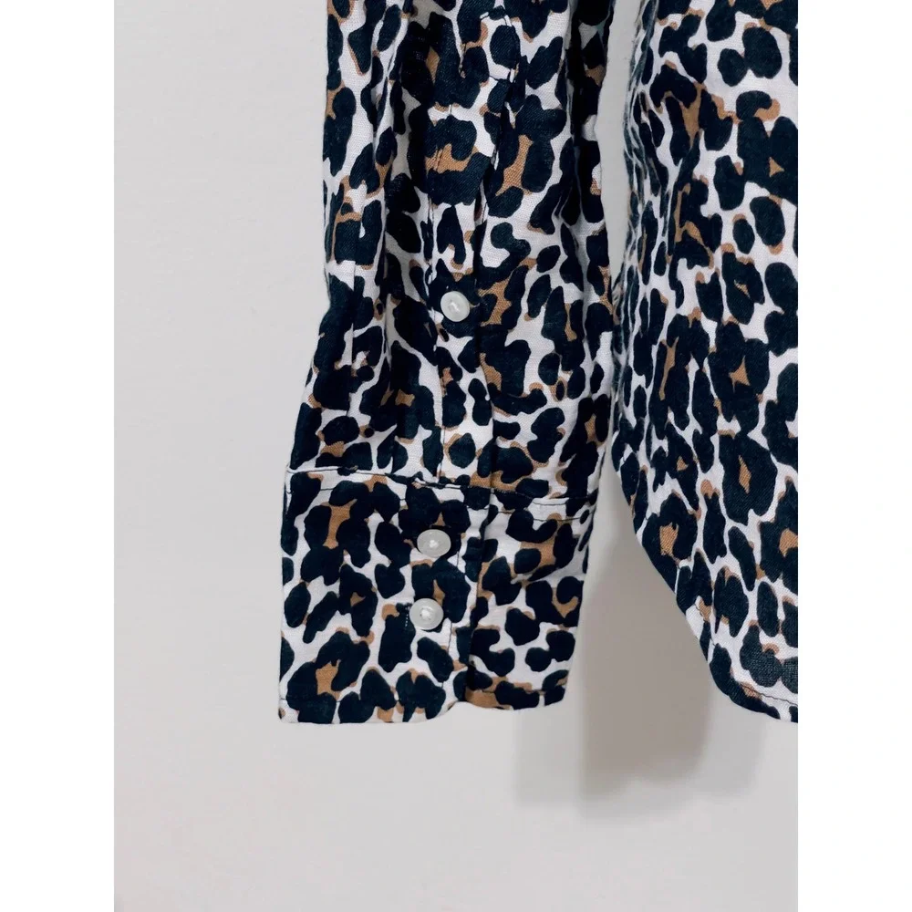 J.Crew Womens Leopard Print Slim Linen Cotton Button Down Shirt Size 4
